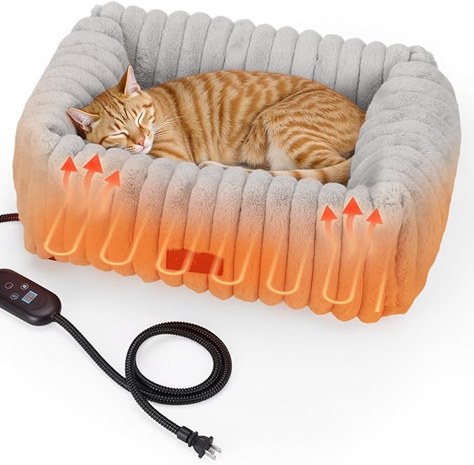 PETEMPO Heated Cat Bed Indoor, Pet Bed with 6 Temperature & 5 Timer Settings, Fluffy Cat Couch with Removable Machine-Washable Cover for Dogs Kitten Puppy in Winter, UL & FCC Certified, Small, Grey