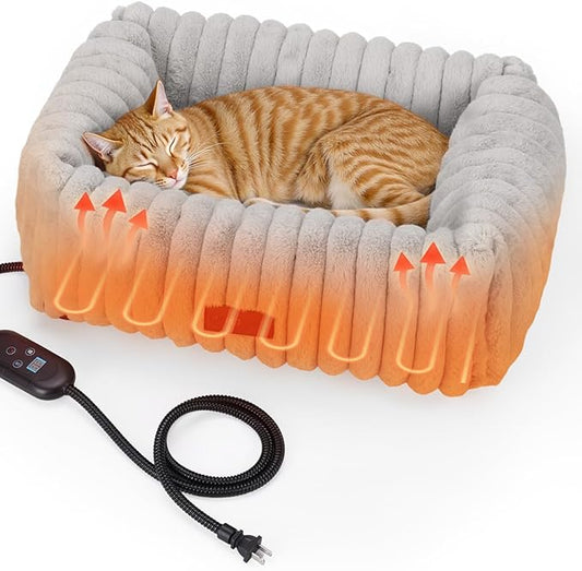 PETEMPO Heated Cat Bed Indoor, Pet Bed with 6 Temperature & 5 Timer Settings, Fluffy Cat Couch with Removable Machine-Washable Cover for Dogs Kitten Puppy in Winter, UL & FCC Certified, Small, Grey