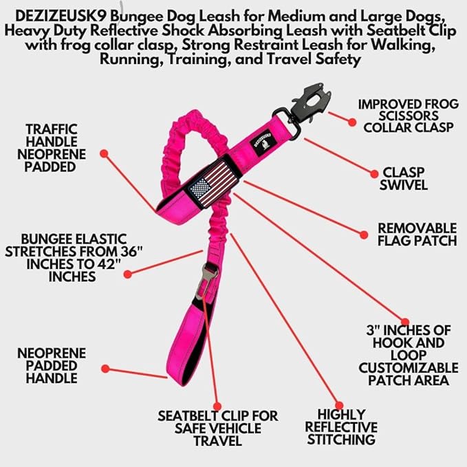 Heavy Duty Bungee Dog Leash - Shock Absorbing, Seat Belt Clip, Quick Release Frog Clasp, Double Padded Handles, for Large and Medium Dogs, Durable for Training, Walking, Car Safety, Outdoor Adventure