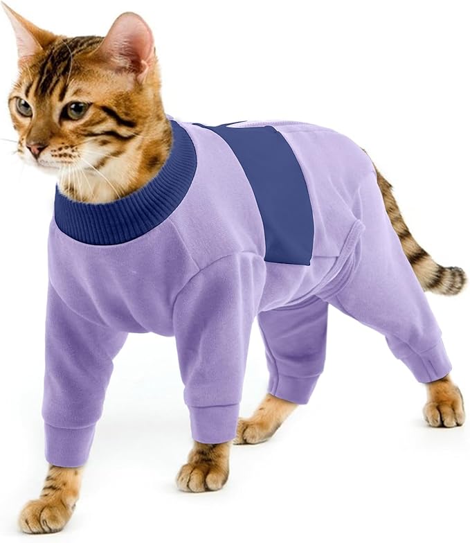 QBLEEV Cat Clothes, Soft Cat Sweaters for Cats Only, Kitten Surgery Recovery Suit Onesie Pajamas, Four Legs Cats Shirts Apparel Clothing for Hair Loss Prevention, Purple, M