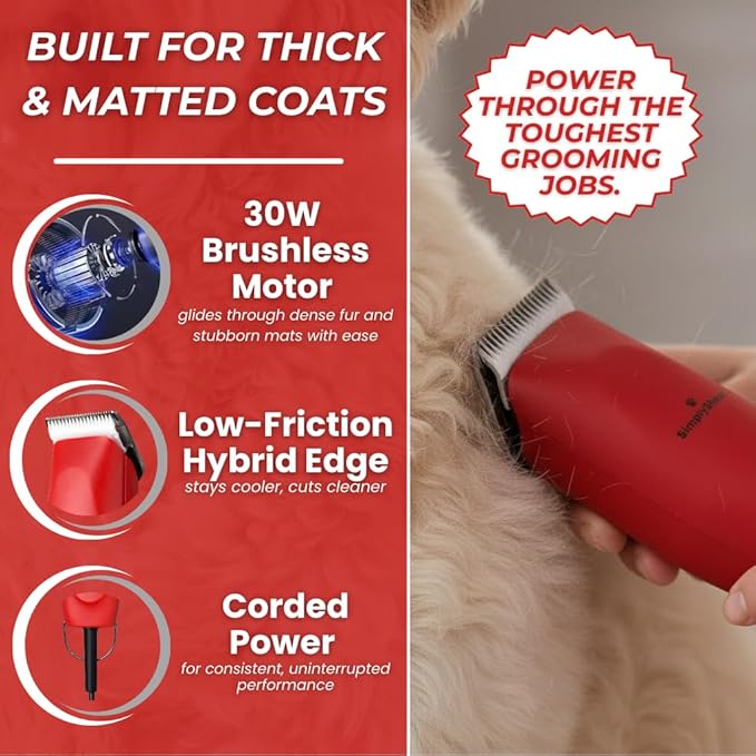 SIMPLYSHEAR Professional Dog Clippers for Grooming | High-Performance 2-Speed Corded Shears for Thick, Curly Coats & Matted Hair | Low-Noise Pet Grooming Kit with Heavy Duty Hair Trimmer, Red