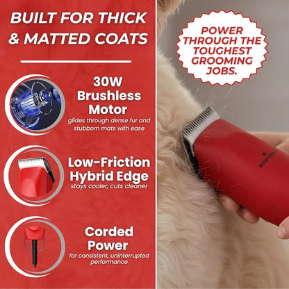 SIMPLYSHEAR Professional Dog Clippers for Grooming | High-Performance 2-Speed Corded Shears for Thick, Curly Coats & Matted Hair | Low-Noise Pet Grooming Kit with Heavy Duty Hair Trimmer, Red
