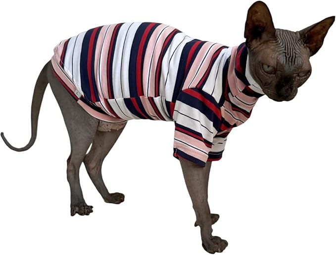 Vintage Stripes Sphynx Hairless Cats Shirt Cotton Cat Turtleneck Pet Clothes Kitten T-Shirts with Sleeves for Sphynx Cornish Rex, Devon Rex, Peterbald (Gentlemen, Small (Pack of 1))
