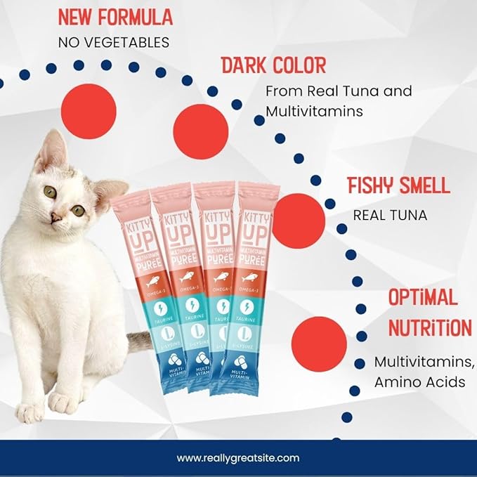 Kitty Up Lickable Cat Treats -Real Tuna Multivitamin Puree with Lysine & Taurine for Indoor Cats | Grain-Free, Squeeze Tube (50 Pack)