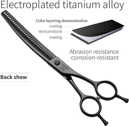 Fenice Peak Professional Dog Grooming Scissors Pet Curved Chunker Shears 7.0'' Extremely Sharp Blades 440C Steel Thinning Scissors Durable Smooth Motion & Fine Cut for Dogs and Cats(Black)