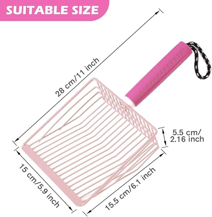 Apidgrowth Cat Litter Scoop, 2-in-1 Detachable Ergonomic Handle, Metal, Bar Grid Shape with Suspendable Cord (Pink)
