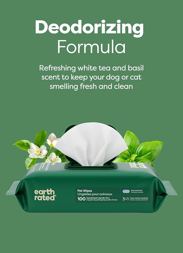 Earth Rated Pet Wipes for Dogs and Cats, Hypoallergenic, 3-in-1 Cleaning, Deodorizing and Hydrating, for Grooming Paws, Body and Butt, New White Tea and Basil Scent, 100 Count