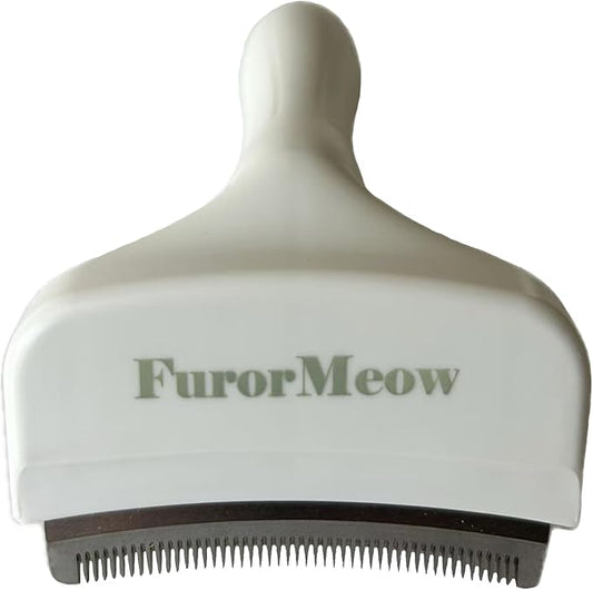 FurorMeow Pet Deshedding Tool with Curve Blade, Cat Grooming Brush, Tight V-shaped Teeth Shedding Comb for Cat and Small Dog (White, Small)