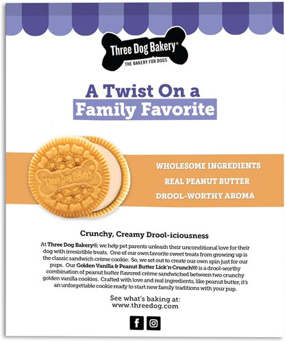 Three Dog Bakery Lick'n Crunch Sandwich Cookies Premium Dog Treats with No Artificial Flavors, Golden & Peanut Butter Flavor, 13 Ounces (Pack of 6)
