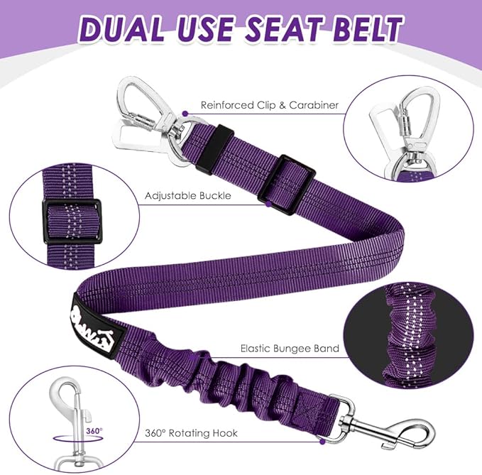 Lukovee Dog Seat Belt for Car, Adjustable Dog Car Harness for Large Medium Small Dogs, Soft Padded & Breathable Mesh Dog Seatbelt with Car Vehicle Connector Strap (Purple Double Clip,Large)