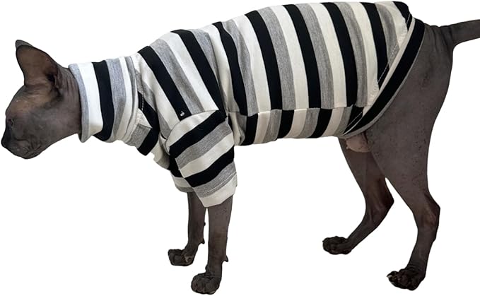 Vintage Stripes Sphynx Hairless Cats Shirt Cotton Cat Turtleneck Pet Clothes Kitten T-Shirts with Sleeves for Sphynx Cats (Black Grey White, XX-Large)