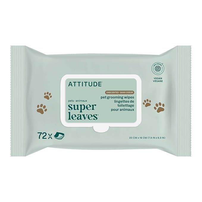 ATTITUDE Pet Wipes for Dogs & Cats, 99% Water, EWG Verified, Gentle & Unscented Cleaning Wipes for Paws, Ears, Face & Body, Deodorizing, Safe for Puppies & Kittens, 72 count