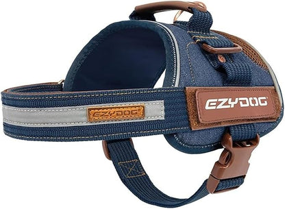 EzyDog Convert Dog Harness – Trail-Ready Rugged Harness for Walking, Hiking & Outdoors with Reflective Piping, Badge Attachment Points, Traffic Handle, & Comfort Lining (Small, Denim)