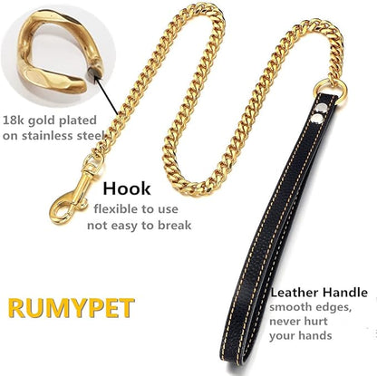 18K Gold Dog Chain Leash 11MM Solid Chew Proof 316L Stainless Steel Cuban Link Chain with Smooth Leather Handle Beautiful Leash for Walking Training 3FT/4FT/5FT(11mm,4ft)…