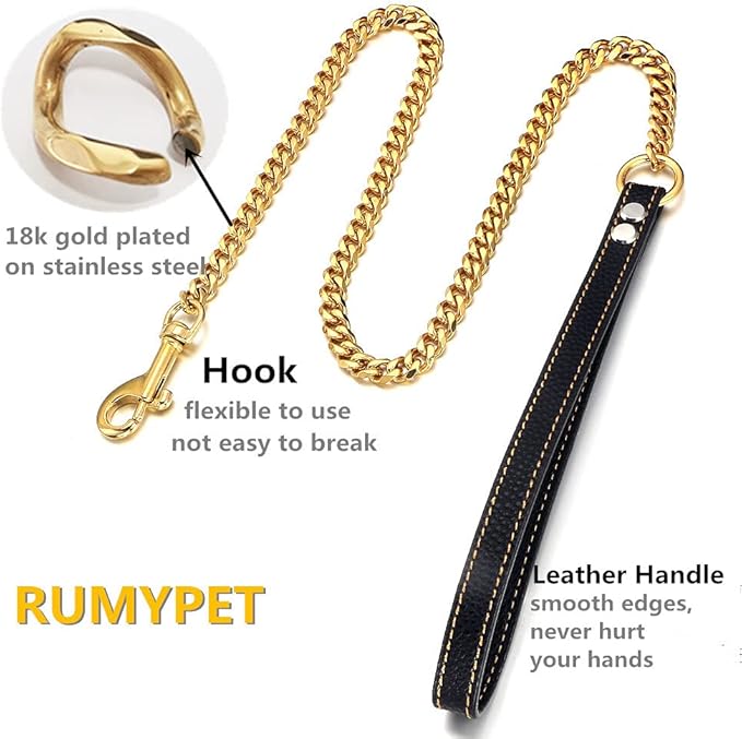 18K Gold Dog Chain Leash 11MM Solid Chew Proof 316L Stainless Steel Cuban Link Chain with Smooth Leather Handle Beautiful Leash for Walking Training 3FT/4FT/5FT(11mm,5ft)…