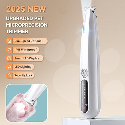 2026 New Pet Precision Trimmer, Dog Paw Trimmer with LED Light, Low Noise, IP68 Waterproof, Dual-Speed Motor, Suit for Trimming Paw, Ear, Face, Butt, Eyebrows, USB Rechageble