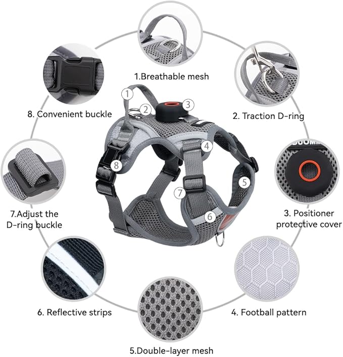 Cat Harness and Leash Set with AirTag Holder: Upgraded Escape Proof Vest with Lead for Small Dog Puppy Large Cat Walking，Soft Breathable Mesh Coat with Reflective Strip, Grey, S