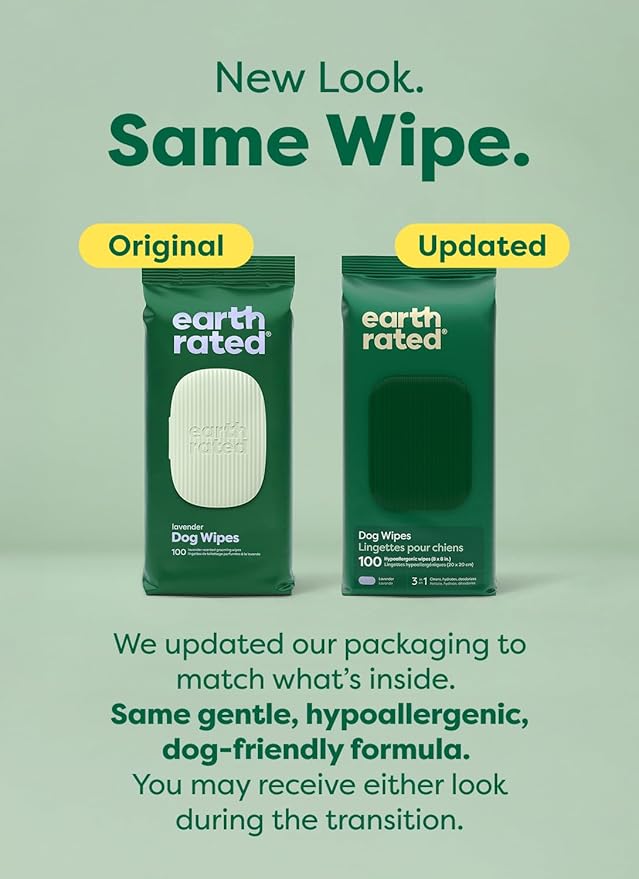 Earth Rated Dog Wipes, Hypoallergenic, Cleaning and Hydrating, for Grooming Paws, Body and Butt, Lavender Scented, 100 Count