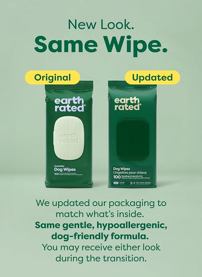 Earth Rated Dog Wipes, Hypoallergenic, Cleaning and Hydrating, for Grooming Paws, Body and Butt, Lavender Scented, 100 Count