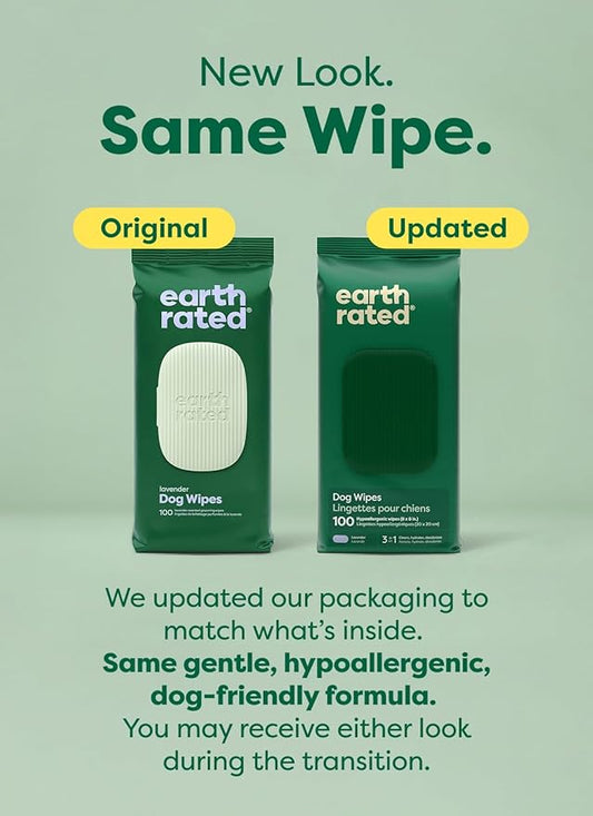 Earth Rated Dog Wipes, Hypoallergenic, Cleaning and Hydrating, for Grooming Paws, Body and Butt, Lavender Scented, 100 Count