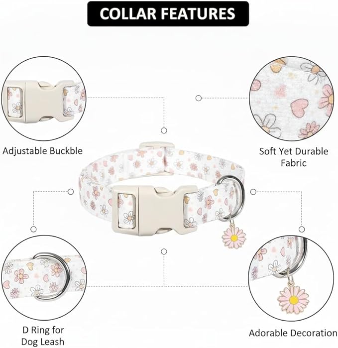 Dog Collar, Floral Dog Collar with Flower Daisy Pattern, Spring Summer Design for Small Medium Dogs, M