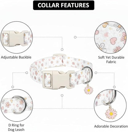 Dog Collar, Floral Dog Collar with Flower Daisy Pattern, Spring Summer Design for Small Medium Dogs, M