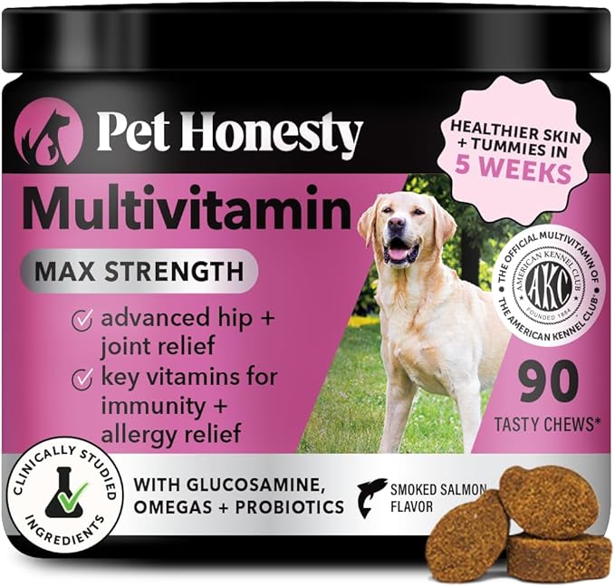 Dog Multivitamin Max Strength, 15-in-1 Multivitamin for Dogs – Dog Vitamins & Supplements with Glucosamine, Probiotics & Omega 3s – Supports Joint, Heart, Immune, Skin & Coat Health – Chicken (90 Ct)