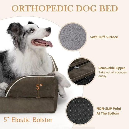 Comfort Expression Orthopedic Dog Bed for Extra Large Dogs 42x30 Inch, Waterproof Egg Crate Foam XL Pet Bed with Removable Bolsters, Dog Couch with Washable Cover & Non-Slip Bottom, Grey Green