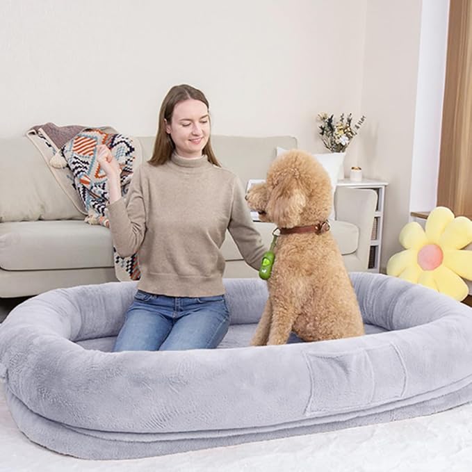 Ultra-Soft Human Size Dog Bed for People and Pets; 77”x51”x11” Extra Large Dog Bed with Raised Cushioned Rim, Removable Cover, Waterproof Lining and Bonus Blanket (77"x51"x11", Grey)