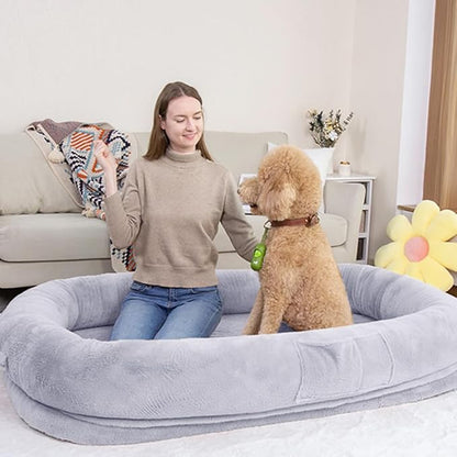 Ultra-Soft Human Size Dog Bed for People and Pets; 77”x51”x11” Extra Large Dog Bed with Raised Cushioned Rim, Removable Cover, Waterproof Lining and Bonus Blanket (77"x51"x11", Grey)