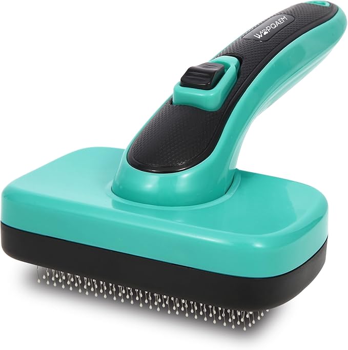 WOPQAEM Self Cleaning Slicker Brush for Dog, Cat, Skin Friendly Shedding & Grooming Tool for Long and Short Haired Pets, Easy Clean Retractable Bristles, Green