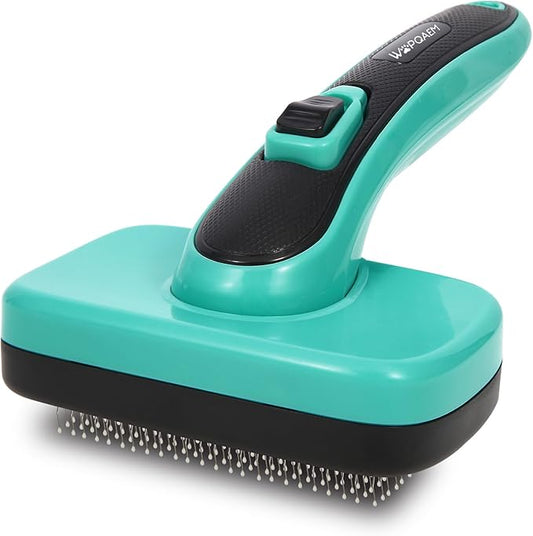 WOPQAEM Self Cleaning Slicker Brush for Dog, Cat, Skin Friendly Shedding & Grooming Tool for Long and Short Haired Pets, Easy Clean Retractable Bristles, Green