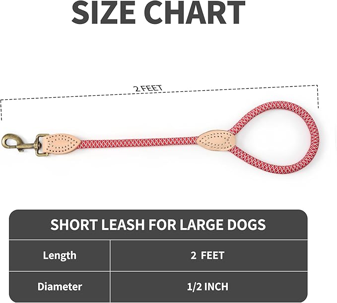 Mile High Life Short Dog Leash, Short Leash for Large Dogs, Reflective Dog Lead with w Leather Tip, Heavy Duty Leash for Large and Medium Dogs Training and Walking(Red, 18 Inch)