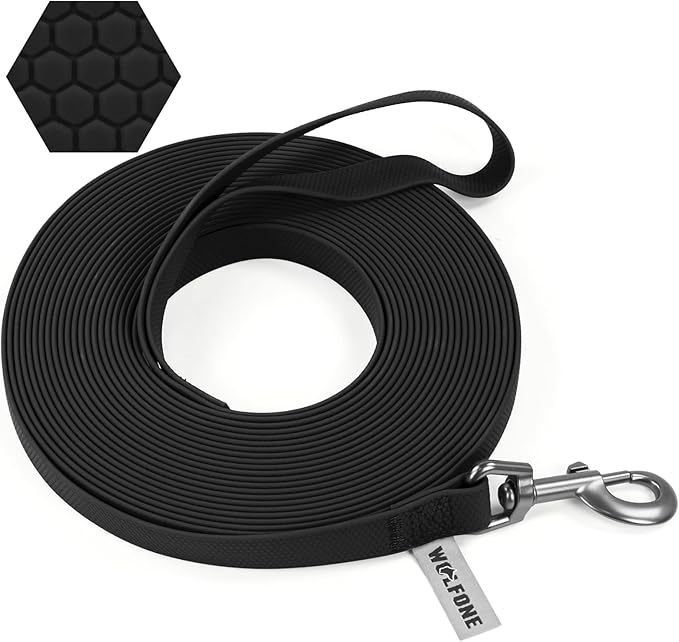 Wolfone 15m Black Heavy Duty Robust Training Dog Leash with Anti-Slip Handle，Waterproof Long Dog Leash for Outdoor Activities