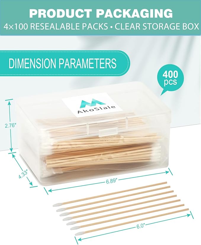 Pointed Cotton Swabs 6 Inch, 400 Count – Wooden Precision Swabs with Tapered Tips for Gun Cleaning, Makeup & Nail Polish Removal, Dog Ear Folds Detailing (Lint Free)