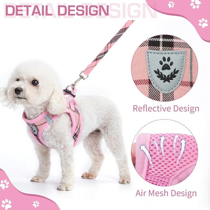 KOOLTAIL Dog Harness for Small Medium Dogs ,Dog Harness and Leash Set, Step in No Pull Soft Mesh Padded Adjustable and Reflective Pet Vest Harness Puppy, Plaid Extra Harness for XS S Dogs, Pink S