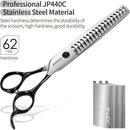 FOGOSP Dog Thinning Shears for Grooming 6.75" Chunker Shears Quickly Thinning Thick Hair Professional Dog Grooming Scissors for Small Dogs Right Handed Groomer Japan 440C 18 Teeth (Chunker, Black)