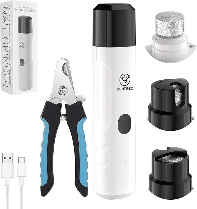 PAPIFFEED Dog Nail Clippers & Grinder with Manual Nail Clipper – Quiet 3-Speed Electric Dog Nail Trimmers with Dual LED, Rechargeable Pet Nail File for Dogs & Cats (White)