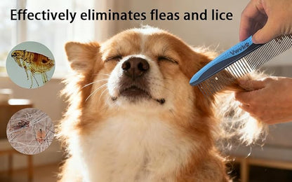 Pet Grooming Combo - Blue Deshedding Brush with Metal Comb, Professional Detangling & Dematting Tool for Long/Matted Fur on Cats and Dogs
