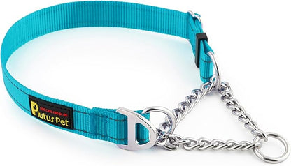 Plutus Pet Martingale Dog Collar with Stainless Steel Chain and Reflective Nylon, Adjustable No Pull Training Collar, for Small Medium, and Large Dogs, Cyan, L