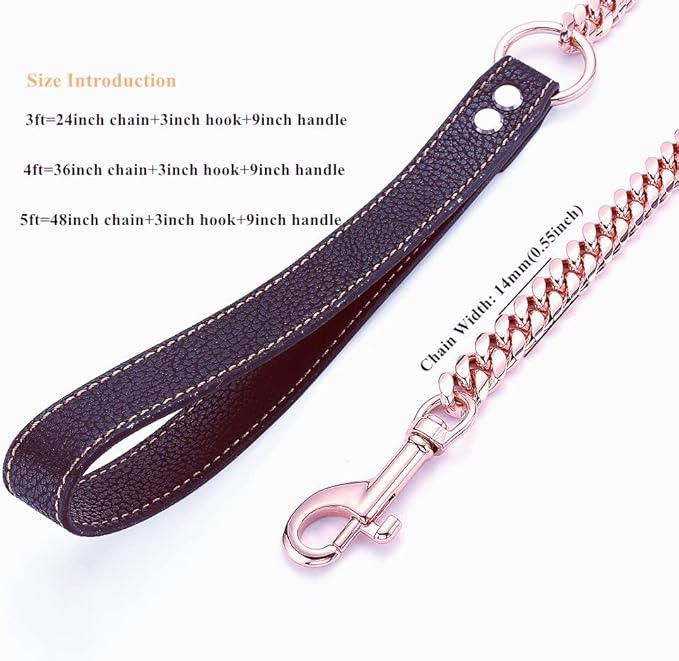 Rose Gold Dog Chain Leash 10MM 14MM Curb Cuban Link Chain Dog Leash Strong Chew Proof Stainless Steel Leash 3FT/4FT/5FT for Small Medium Large Dogs(14mm,5ft)…