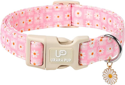 UP URARA PUP Pet Collar-Summer Daisy Dog Collars-Pink Grid Puppy Collar-Adjustable, Sturdy & Cute Girl Boy Dog Collars for Outdoor Fun