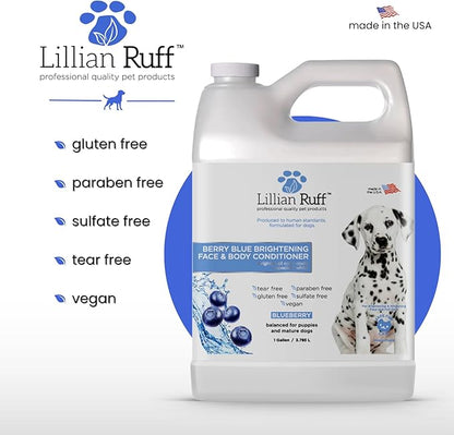 Lillian Ruff PRO Formula Berry Blue Brightening Dog Conditioner - Professional Whitening Conditioner, Hydrate Dry Skin, Soften, Detangle, Restore Shine - Provitamin B5, USA Made 128oz+Pump