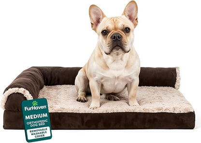 Furhaven Orthopedic Dog Bed for Medium/Small Dogs w/ Removable Bolsters & Washable Cover, For Dogs Up to 35 lbs - Two-Tone Plush Faux Fur & Suede L Shaped Chaise - Espresso, Medium,30"L x 20"W x 6"Th