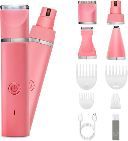 Veeconn Dog Grooming Clippers Kit-Electric Rechargeable Cat Trimmer Tools-Cordless Quiet Pet Nail Paw Grinder-4 in 1 Multifunctional Low Noise Shaver-Razor for feet Face Ears Toenail Eye（Pink）