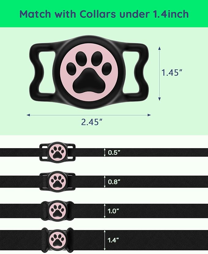WhoseID IP68 Waterpoof Dog Air tag Holder, Stretchy Silicone Full Body Covered Apple Air Tag Holder for Dog Cat Collar Fit All Width Collar (Black & Pink, 1 Pack)