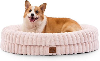 Dog Bed Large Sized Dog - Luxury Striped Faux Fur Waterproof Pet Couch with Removable Washable Cover, Orthopedic Pet Bed with Bolster Sides for Sleeping, Pink