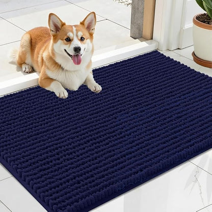 OLANLY Dog Door Mat for Muddy Paws 24x16, Ultra Absorbent Chenille Mud Doormat, Non-Slip Washable and Dirt Trapping Doormat for Indoor Entryway, Quick-Dry Indoor Pet Bed Mats for Dogs, Navy Blue