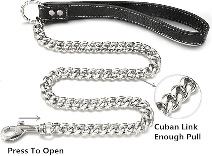 Silver Chain Dog Leash 15MM Solid Chew Proof 316L Stainless Steel Cuban Link Chain with Genuine Leather Handle Training Walking 3FT/4FT/5FT for Small Medium Large Dogs(15mm,3ft)…