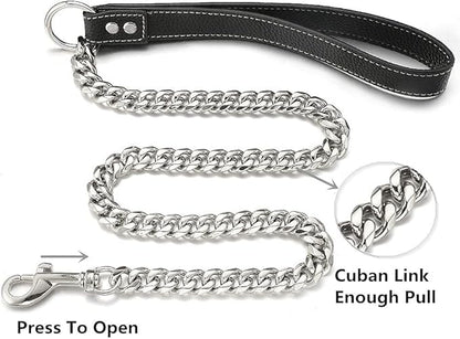 Silver Chain Dog Leash 15MM Solid Chew Proof 316L Stainless Steel Cuban Link Chain with Genuine Leather Handle Training Walking 3FT/4FT/5FT for Small Medium Large Dogs(15mm,3ft)…